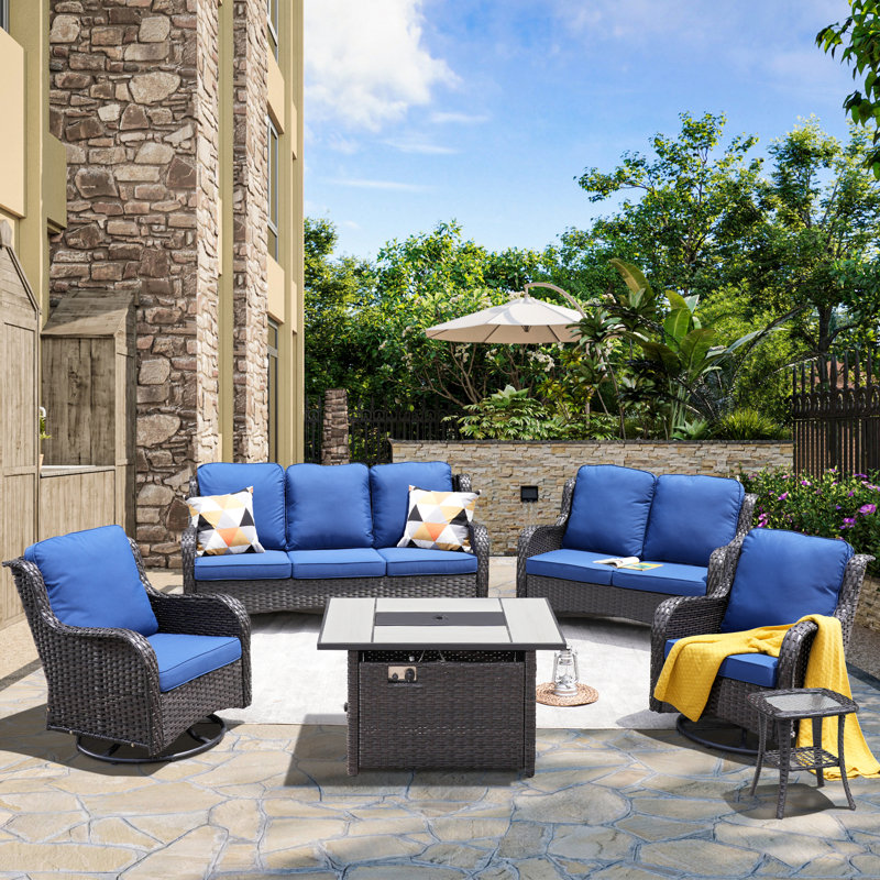 Klodjana Wood Premium All-Weather Wicker 7 - Person Patio Conversation Set with Cushions, Navy Blue, Yes