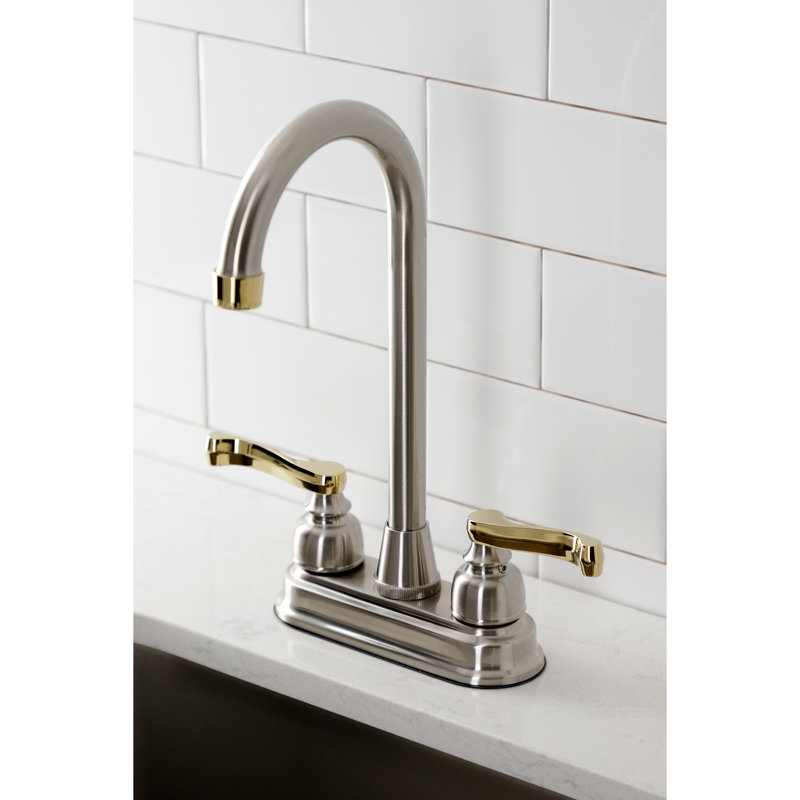 Kingston Brass Royale Two-Handle 2-Hole Deck Mount Bar Faucet, Brushed Nickel/Polished Brass