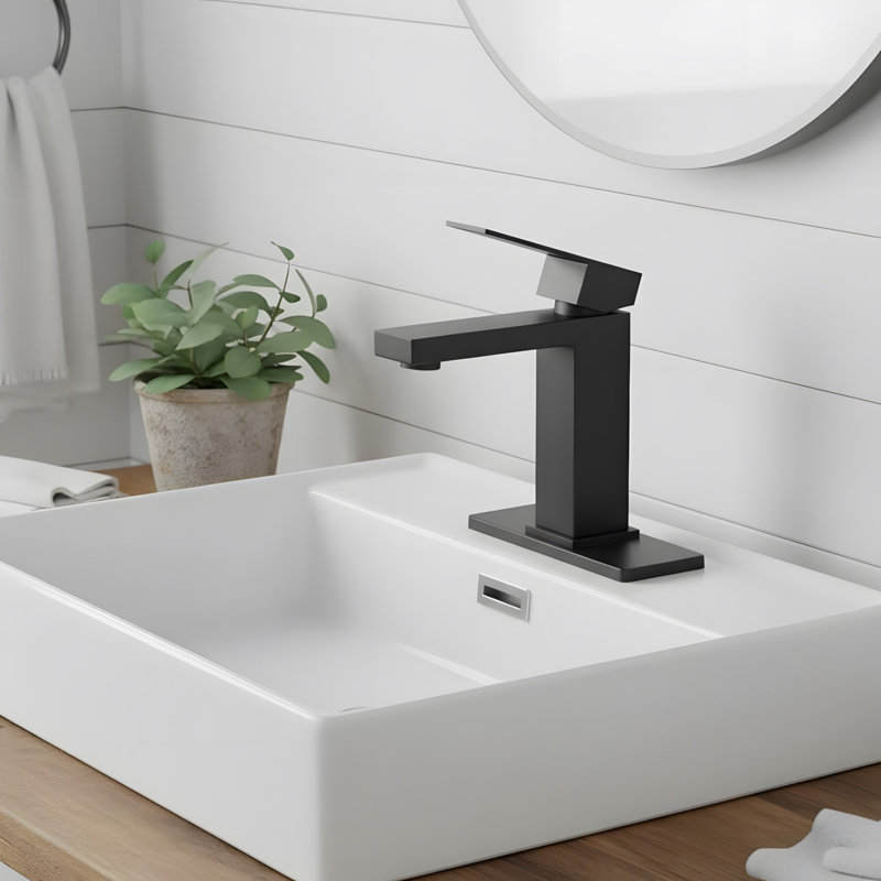 Robinet de lavabo de salle de bain de style cascade avec bonde escamotable et conduites d'alimentation, Noir