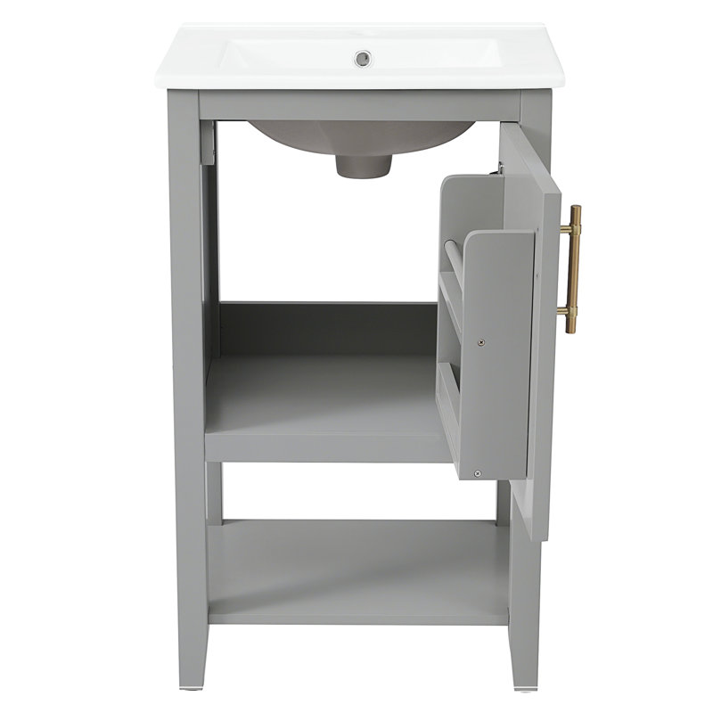 Meuble-lavabo de salle de bain avec lavabo, armoire de salle de bain avec porte à fermeture douce, support de rangement et tablette ouverte