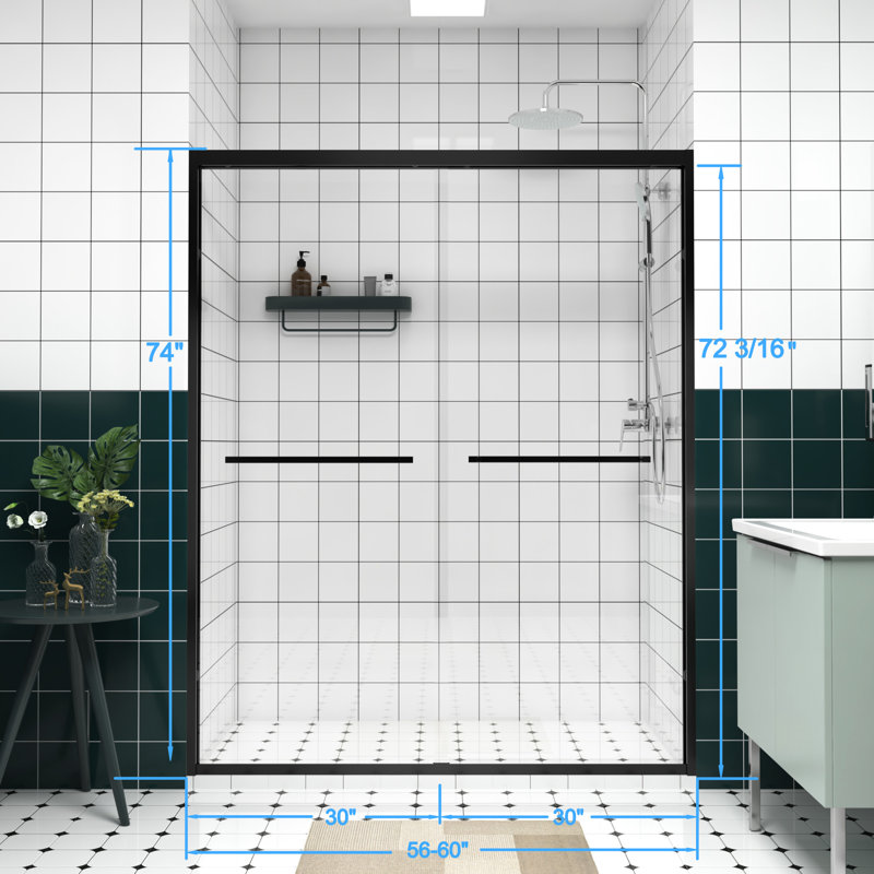 Aluminum Alloy Double Sliding Shower Door With 1/4"  6Mm  Clear Tempered Glass, Safe Design, Waterproof Easy Installation For Bathroom Mute Rollers, Reversible