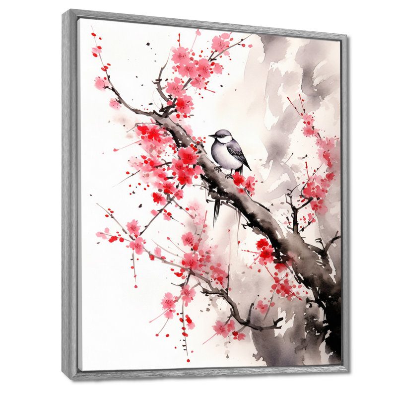 Art asiatique, Sumi oiseau sérénité, art asiatique, 20" H x 12" W, Encadrement argenté