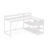Executive Desk, L Shaped Top, Portable File Cabinet, 55 Inch White