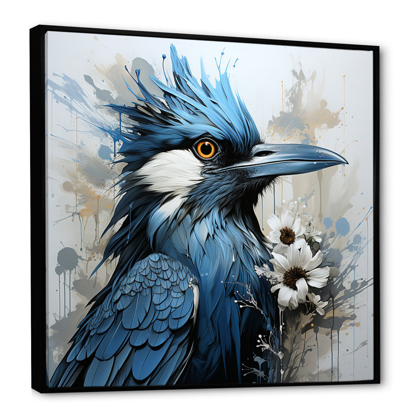 «Blue and Black Blue Jay Bird», art mural encadré, Cadre flottant noir, H 24 po x l 24 po x P 1 po