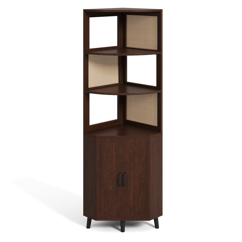69.7’’H X 17.7’’ W Rattan And Wood Fan-Shaped Storage Bookcase With Doors, 3-Tier Corner Shelf With Cabinet, Dark Walnut
