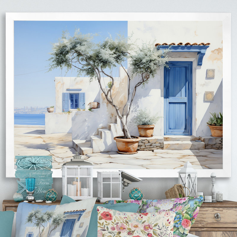 Welke, Grèce, Cycladic Harmony II - Grèce, art mural, H 16 po x l 32 po x P 1 po, Cadre simple blanc
