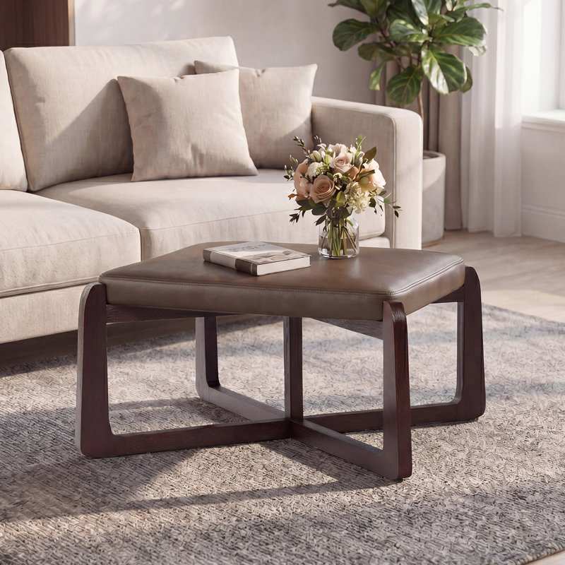 24" Wide Faux Leather Upholstered Square Ottoman, Dark Brown