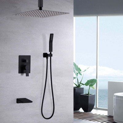 Modern Matte Black Celling Mount Shower System with High Pressure Shower Head, Handheld, Rough-in Valve Body & Trim Included