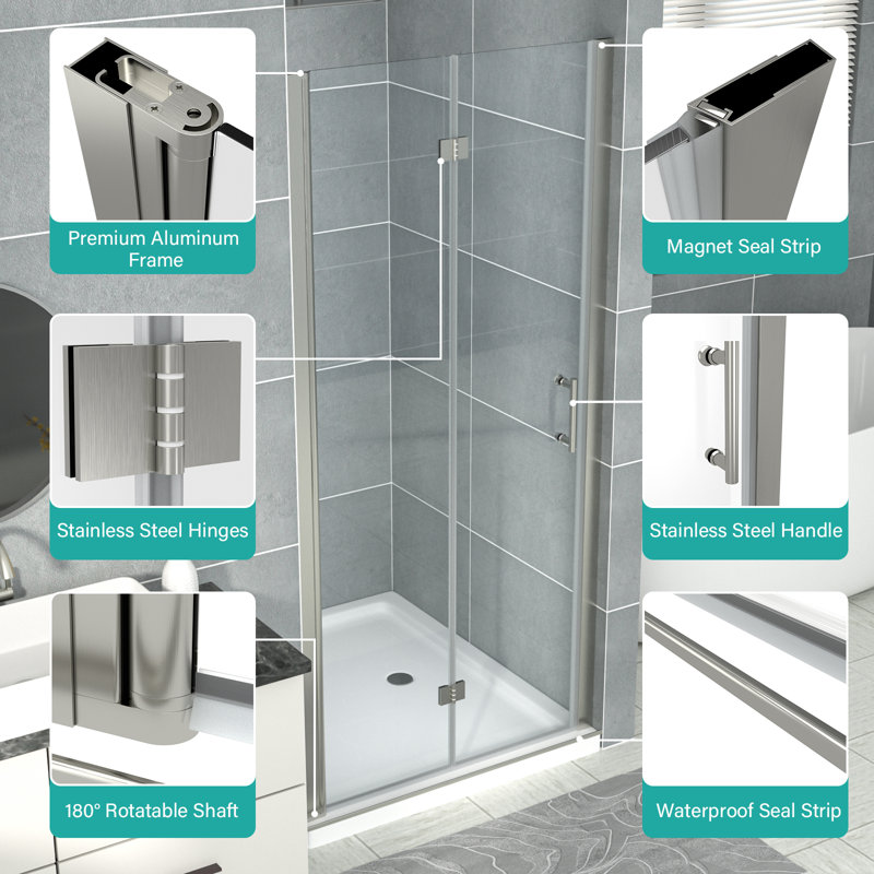 32" x 72" Frameless Clear Glass Shower Door with Brushed Nickel Finish