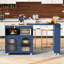 Îlot de cuisine avec table allongée K&K, îlot de cuisine sur roulettes avec lumières DEL, prises de courant et 2 portes en verre cannelé, îlot de cuisine avec compartiment de rangement et 3 tablettes ouvertes latérales, bleu marine-1250262109