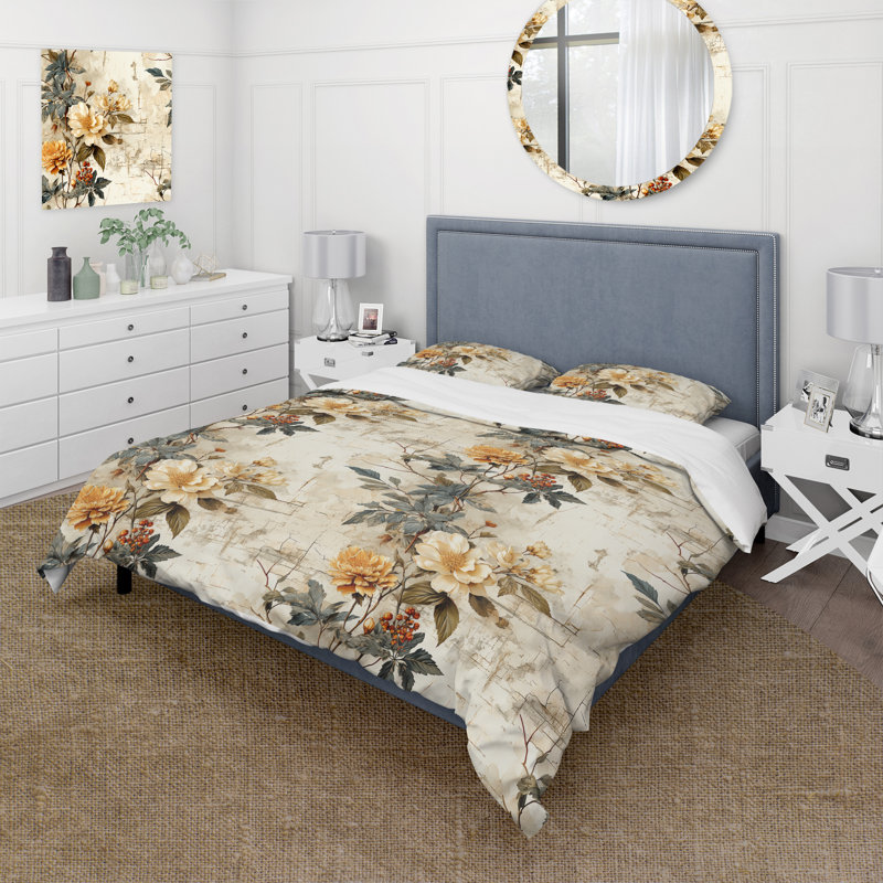 Literie à motif floral rétro beige rétro Countryhome, Housse de couette pour grand lit et 2 taies décor