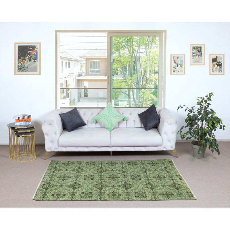 Tapis à motif floral moderne vert 4 x 6,8 pi. Noué à la main en Turquie