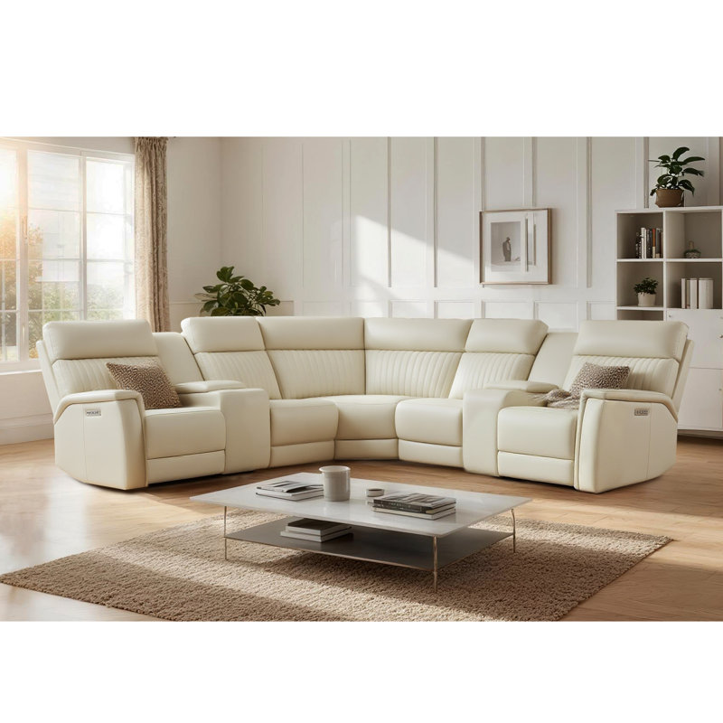 117" Leather Reclining Sectional, 3 Power Recliners, Adjustable Lumbar Support, Console & Headrest, Cream Genuine Leather