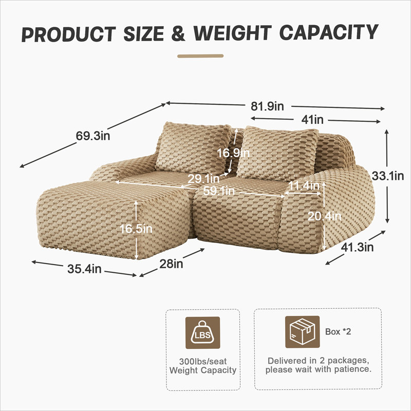 Canapé modulaire en L Boneless, H 33,1 po x l 81,9 po x P 69,3 po, 2, Chameau clair