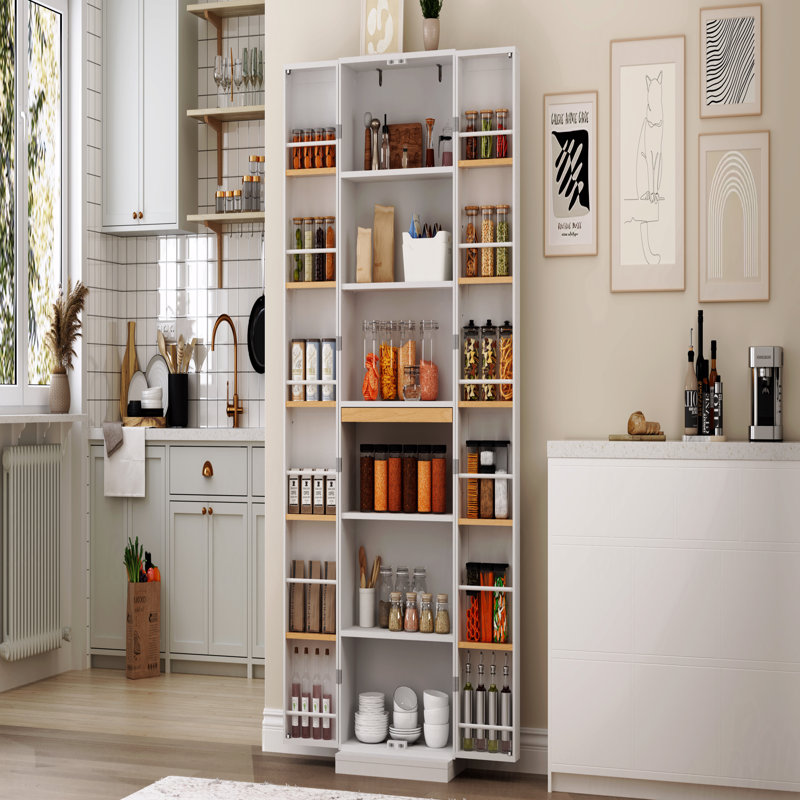 Armoire de rangement, tablettes réglables, garde-manger blanc avec portes et buffet autoportant