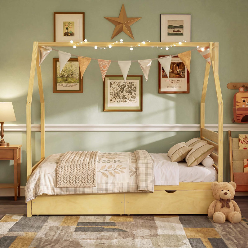 Lit avec 2 tiroirs de rangement Montessori, Full / Double, Natural