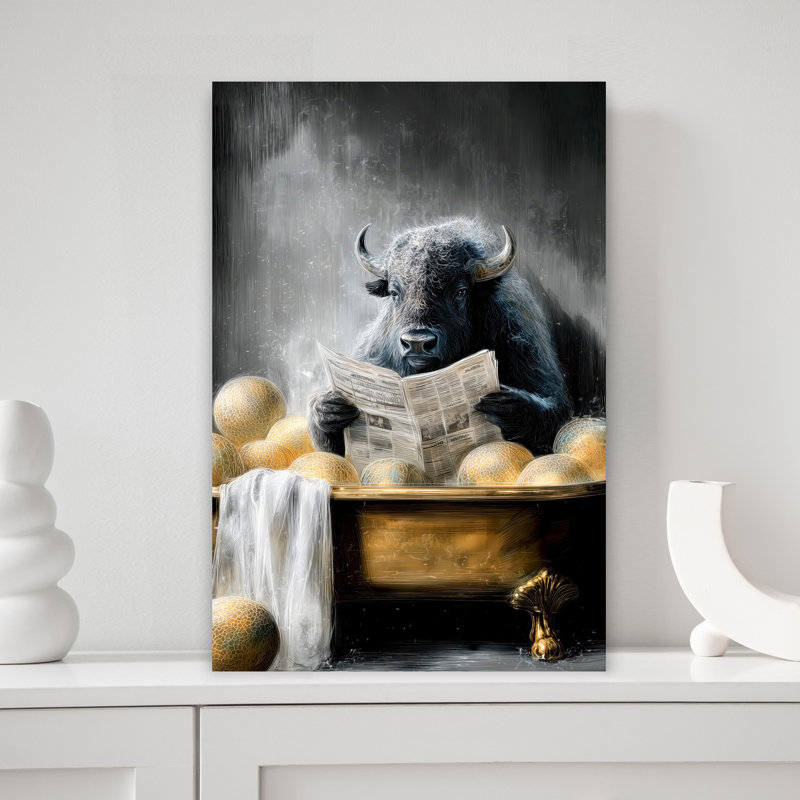 Bison dans la baignoire 5, art mural bison contemporain, H 18 po x l 12 po