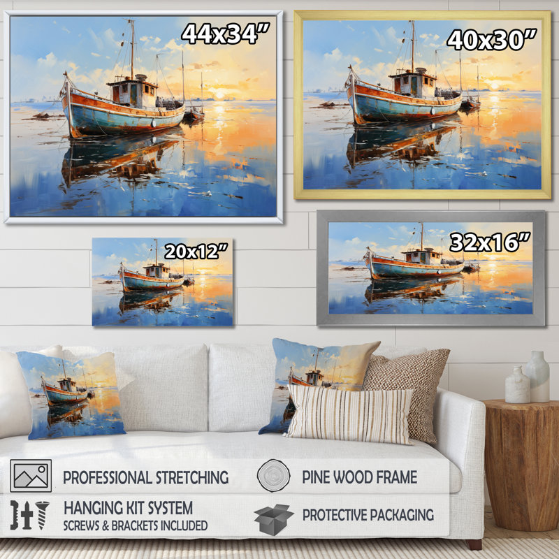 «Boat Seascape Impression V», reproduction sur toile, Cadre simple blanc, H 34 po x l 44 po x P 1,5 po