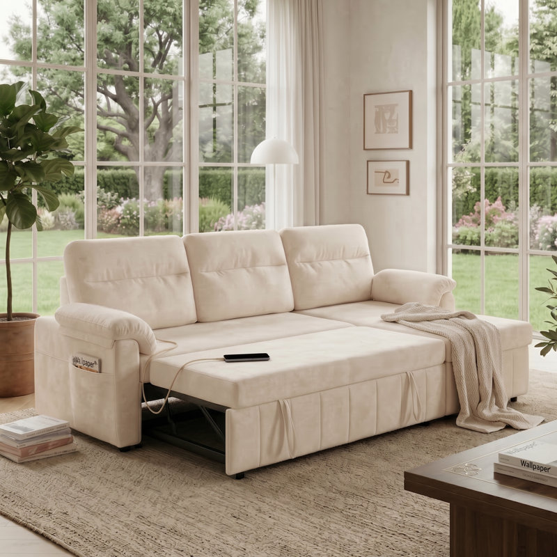 84'' Upholstered Sleeper Sofa L Shape Sofa Bed With Storage and USB, Cream