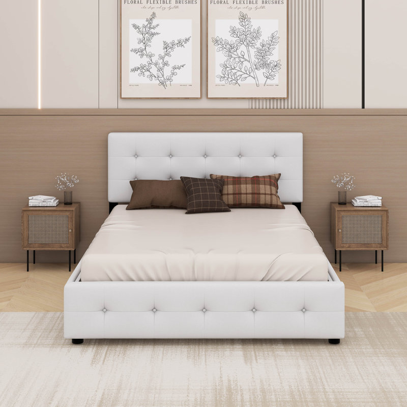 Grand lit plateforme tapissier avec tête de lit classique et 4 tiroirs, Blanc