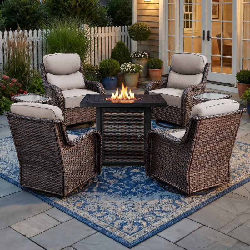 4 - Person Patio Furniture Chair Set With Fire Pit Table, 4 Swivel Glider Chairs With 6-Inch Cushions & Side Table, Beige