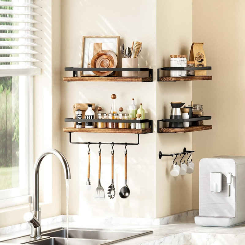 2 Piece Wall Shelves for Bathroom, Kitchen, Bedroom, Bathroom Shelf with Towel Bar, 5.12" H x 16.54" W x 4.72" D, Dark Brown