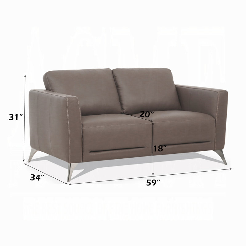 Malaga Contemporary Taupe Top Grain Leather Loveseat With Track Arms & Chrome Legs, Brown