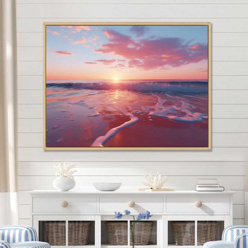 «Beach Cotton Candy Sunset Skies II» - art mural coucher de soleil côtier, Cadre flottant brun, H 24 po x l 32 po x P 1 po