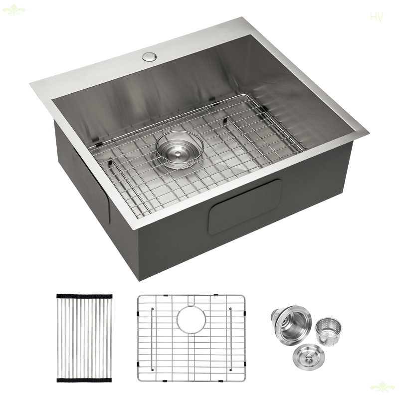 25X22x9 Inch Kitchen Sink Drop In 18 Gauge Stainless Steel 25" Single Bowl Topmount Kitchen Sink Basin