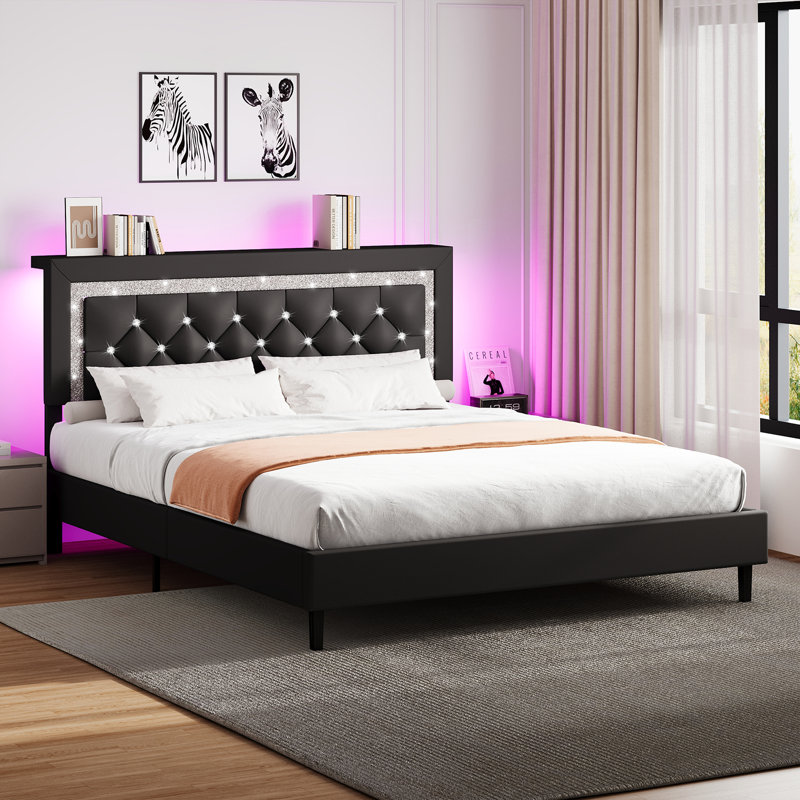 Alber Bed Frame with Storage Headboard, Upholstered Platform Bed Frame with Diamond Tufted Headboard and LED Lights, Wooden Slats Support, Noise Free