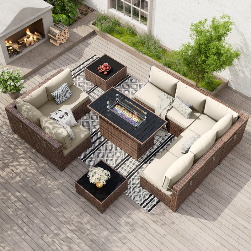 Mecayla 8-Person Rattan Set with Fire Pit Table, 2 Coffee Tables, Cream