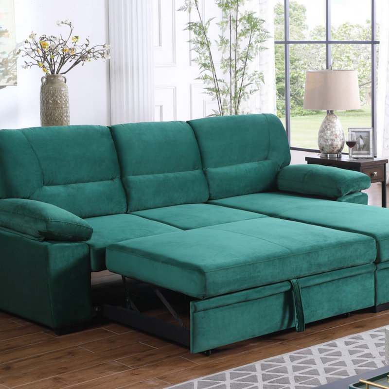 Velvet Fabric Reversible Sleeper Sectional Sofa Chaise, Green