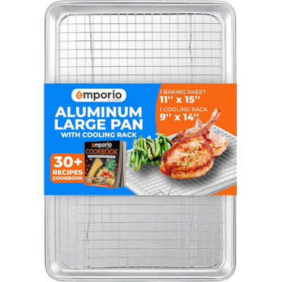 Baking Pan Set - 10.5" X 15" Aluminum Baking Pan With Stainless Steel Cooling Rack Set, Pfoa, Pfos, Ptfe Free, Recipe Booklet Included, Oven Safe, Resist Heat Up To 500° F, Set Of 2