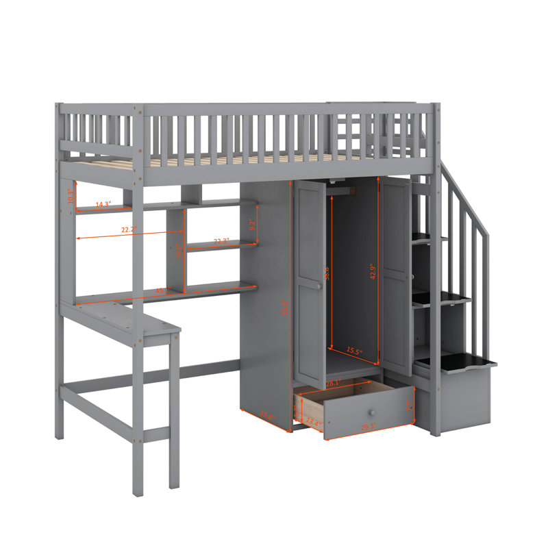 Lit mezzanine simple avec bibliothèque, bureau, tiroirs et garde-robe