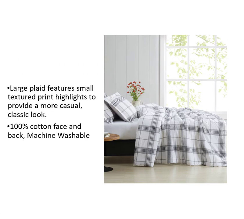 White and Black Plaid Cotton Twin Comforter Set