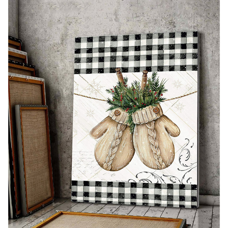 Toile tendue avec des gants de sapin de Noël, décoration de Noël, beige et vert, H 14 po x l 11 po x P 2 po