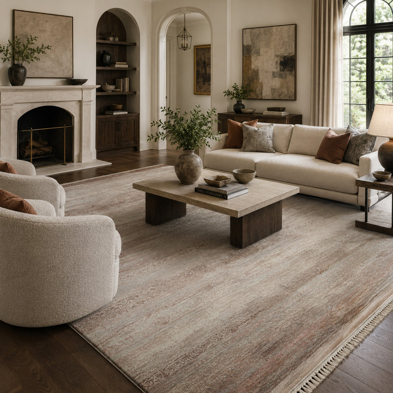 Tapis argenté et chameau noué à la main de haute qualité, Rectangle 144 po x 108 po