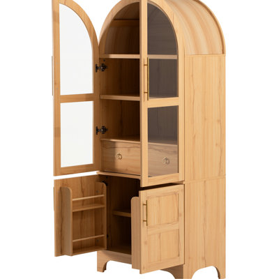 Armoire de cuisine arquée de 71 po de hauteur avec 4 portes intérieures, des tablettes réglables et du verre pour la salle à manger.