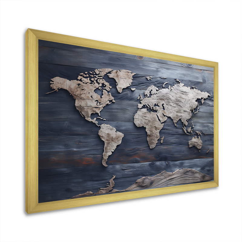 Carte du monde rustique - impression de décoration murale carte du monde, Cadre doré simple, H 12 po x l 20 po x P 1 po