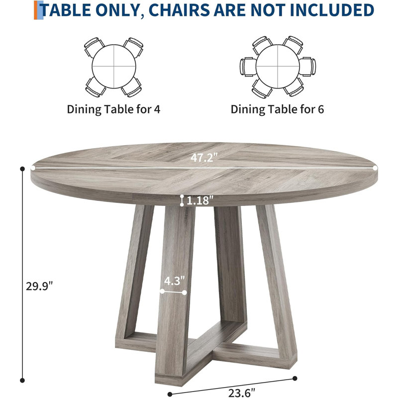 Table de salle à manger pour 4-6, table de salle à manger ronde de 47 pouces, table de cuisine Farmhouse Circle, Gris
