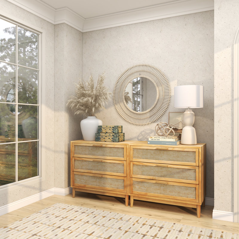 Miroir mural rond en bois de bambou, Crème, crème