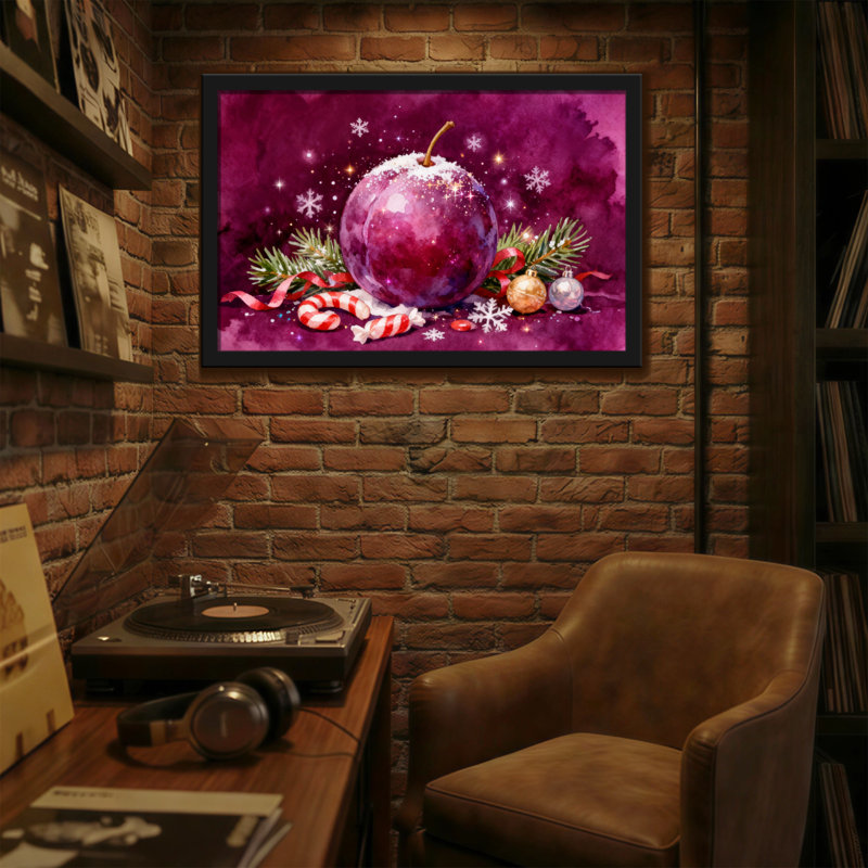 Prune de Noël avec neige et décorations, H 16 po x l 24 po
