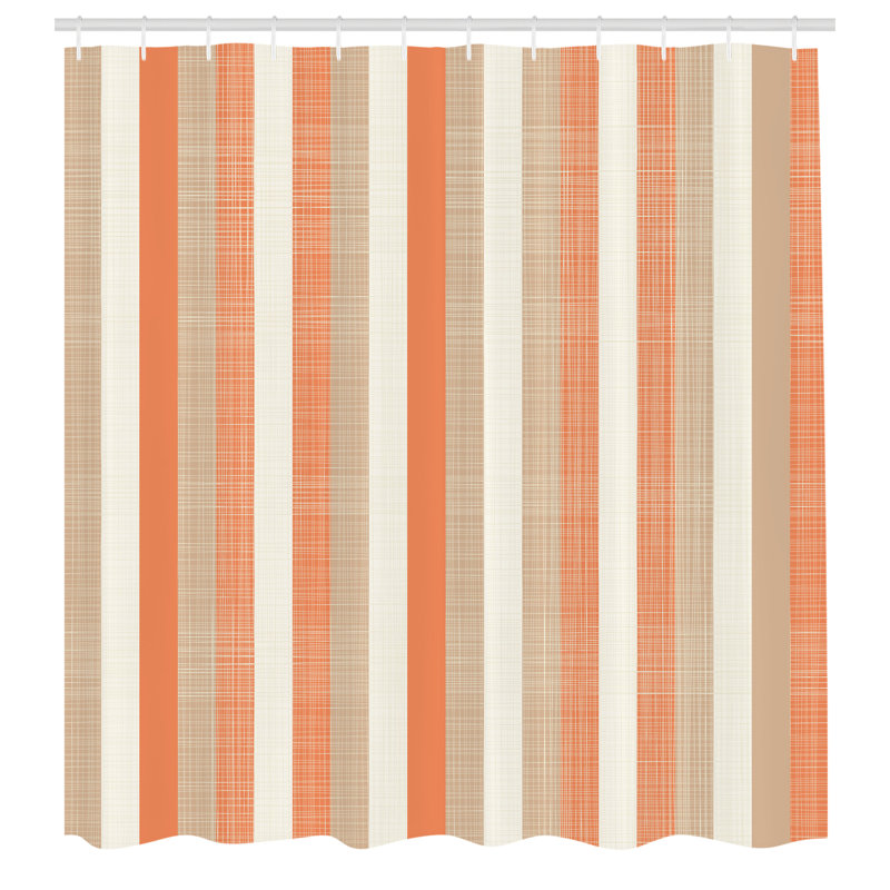 Burnt Orange and Beige Striped Fabric Shower Curtain with Hooks