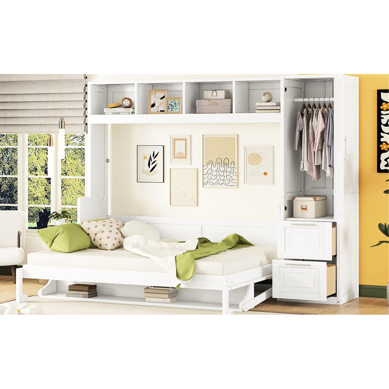 Lit avec garde-robe et tiroirs latéraux pour grand lit - Design blanc pratique et pratique