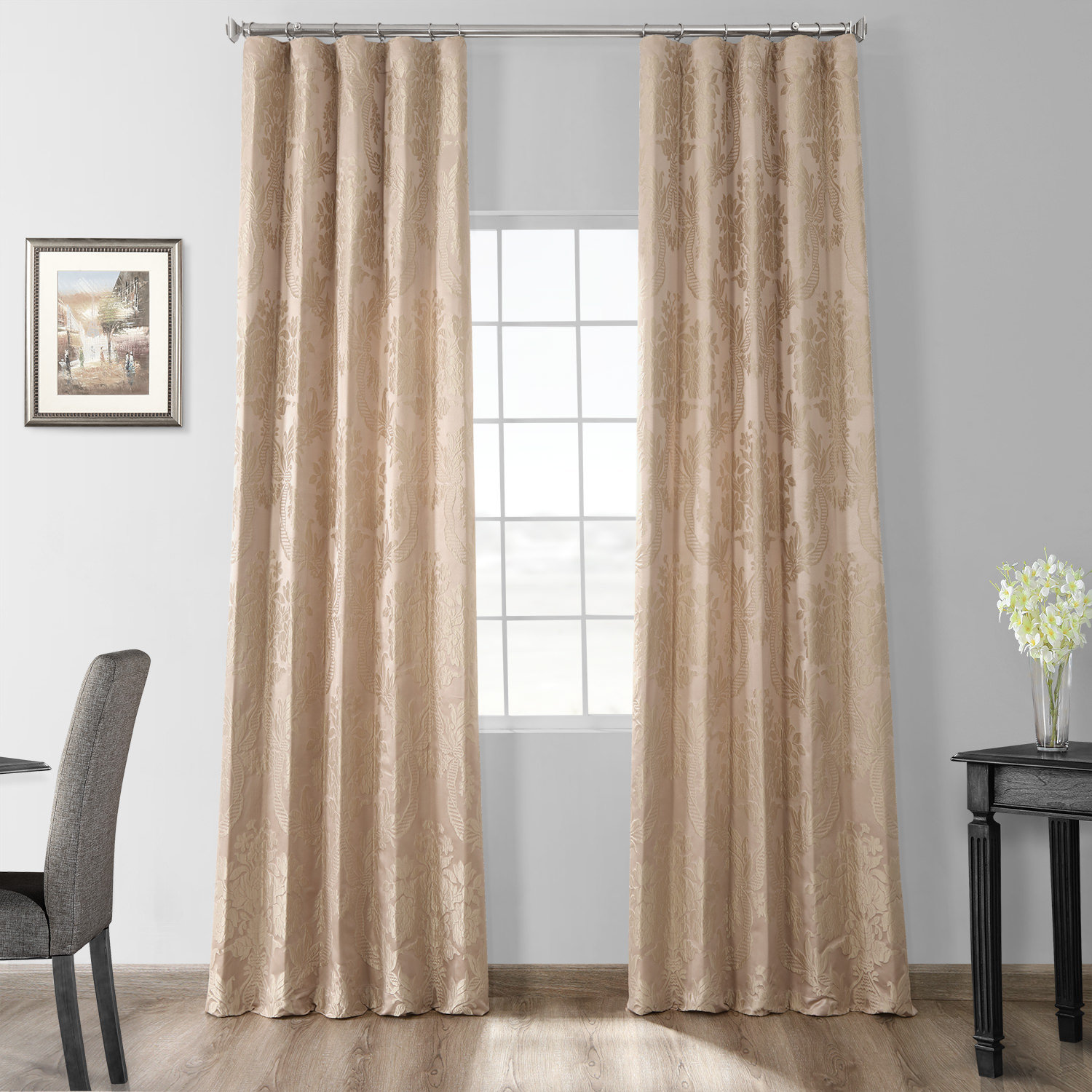 Ballsallagh Floral Faux Silk Curtain Panel, 50" W x 108" L, Magdelena Beige/Gold