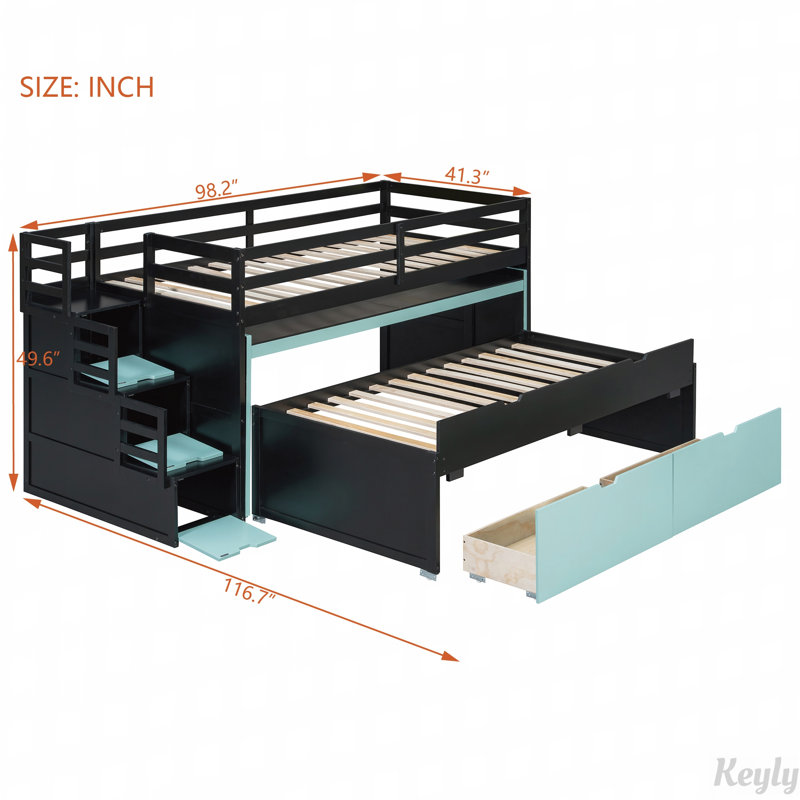 Lit mezzanine avec bureau coulissant, lit gigogne et marches de rangement, Simple extra long, Noir + bleu