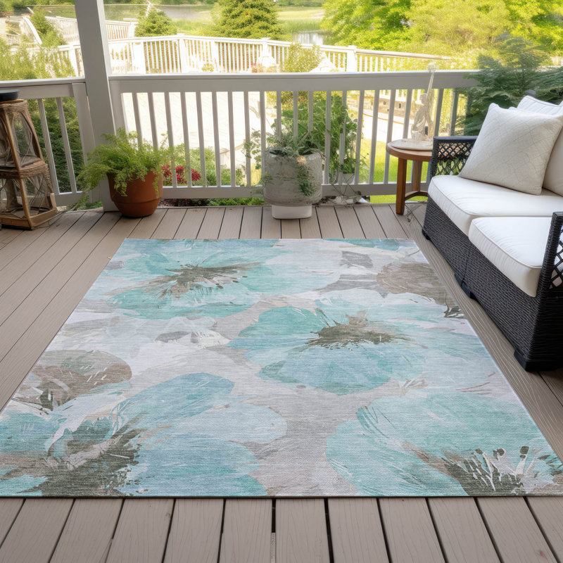 Machine Washable Indoor/Outdoor Claudian ACN1558 Teal Rug, Rectangle 2'6" x 3'10"