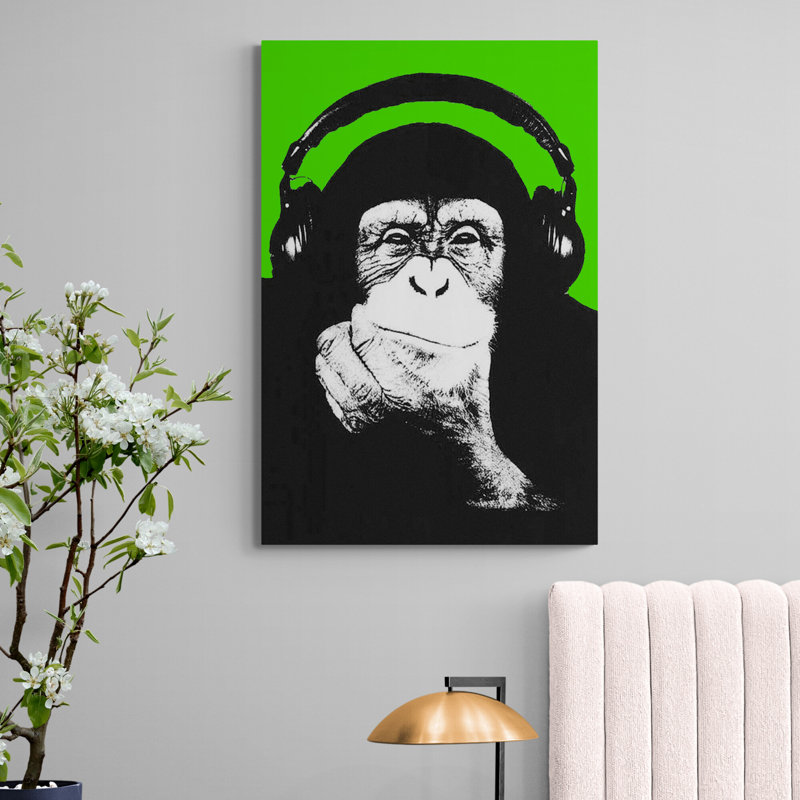 Monkey Headphones Thinking - Wrapped Canvas Print, 117cm H x 81cm W x 4cm D