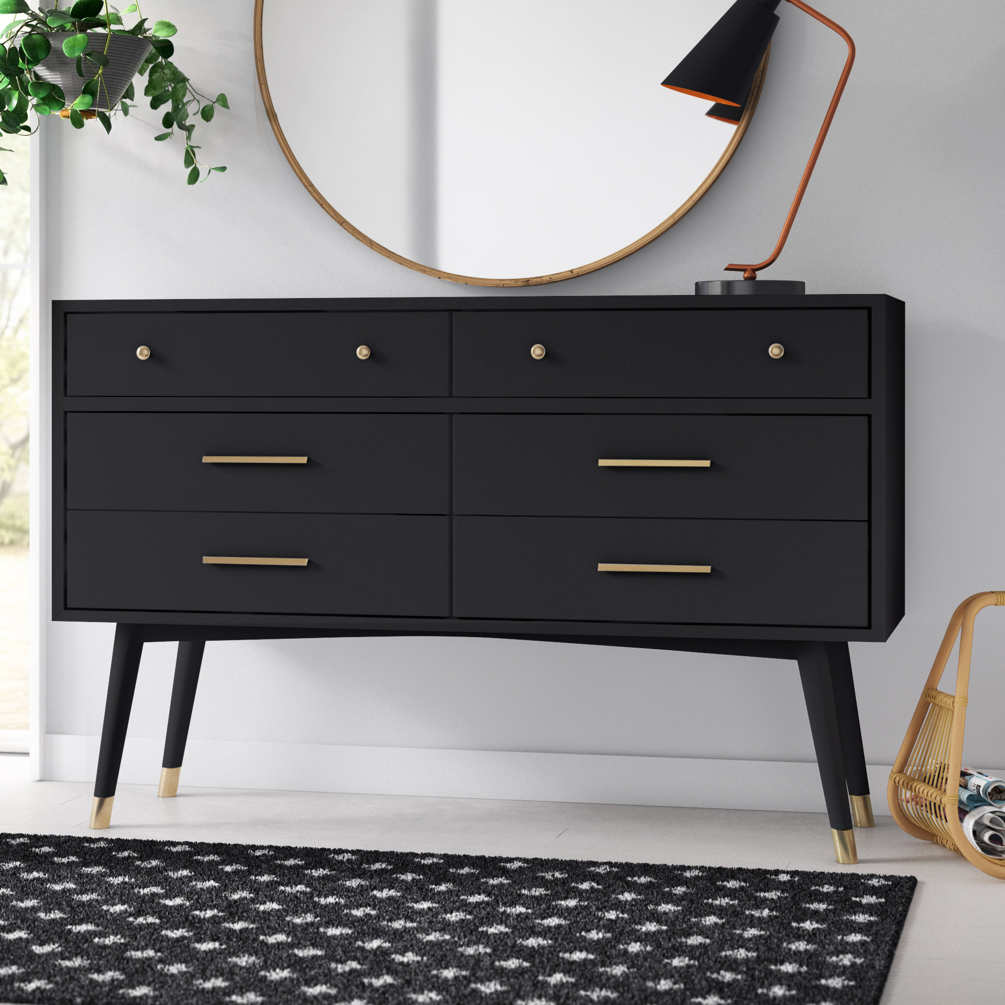 Samuel 6 - Drawer Double Dresser, Black/Brass