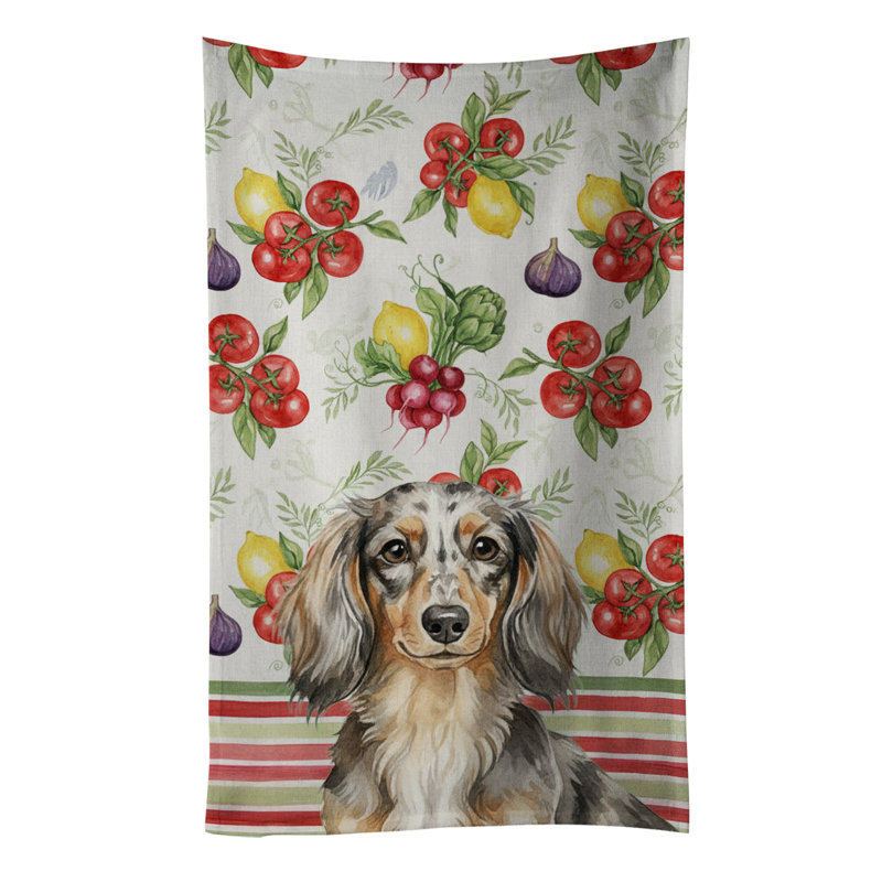 Longhaired Dapple Dachshund Vegetables Kitchen Towel, Longhaired Dapple Dachshund